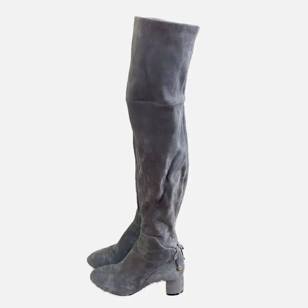 NWOB Tory Burch Gray Suede Over the Knee Boots Women's Sz 7 Side Zip Bow Detail